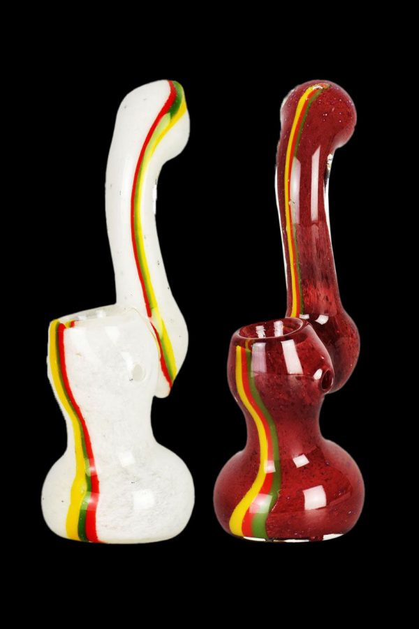Two glass bubblers with red, yellow, and green stripes against a black background.