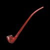 Red glass cannabis smoking pipe with a curved neck and etched logo on the bowl, isolated on a black background.