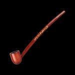 A dark brown wooden pipe with a curved stem, isolated on a black background.