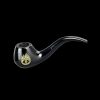 Black glass pipe with a golden eye emblem, isolated on a black background.