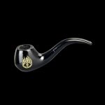 Black glass pipe with a golden eye emblem, isolated on a black background.