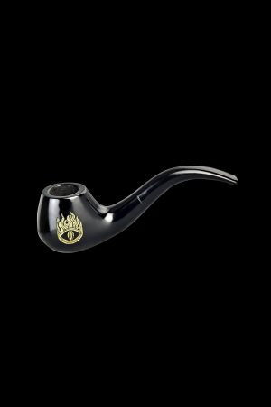 Black glass pipe with a golden eye emblem, isolated on a black background.