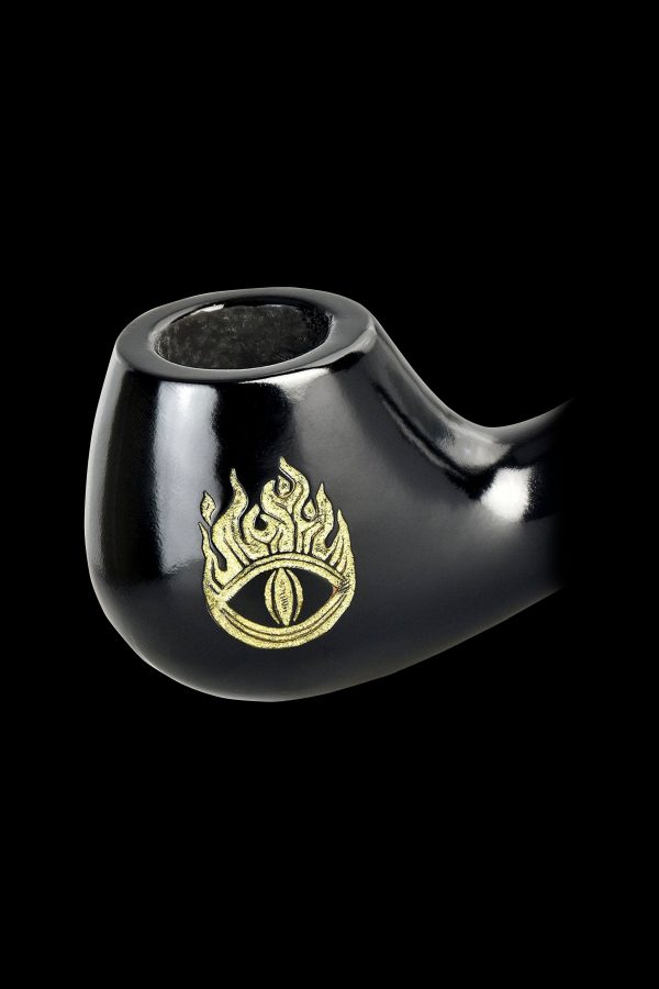 Black glass pipe with a gold all-seeing eye design.