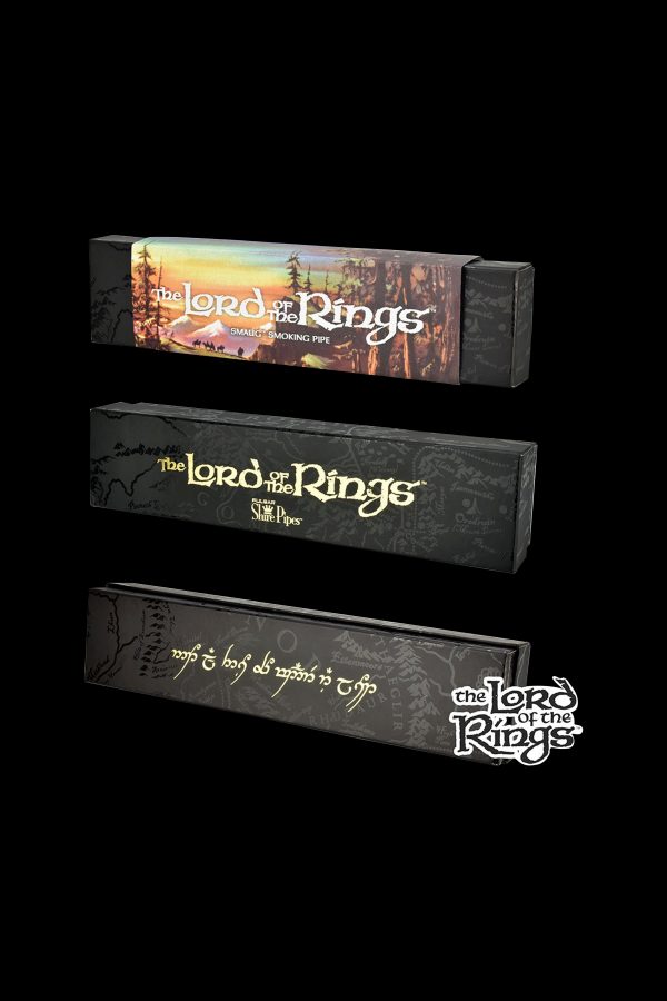 Stacked boxes branded with *The Lord of the Rings* logo, advertising “small smoking pipes” and featuring Elvish script, against a black background.