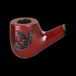 Red glass pipe with a dragon design, isolated on a black background.