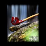 A cannabis pipe rests on moss-covered stone with a "Lord of the Rings" logo at the bottom.