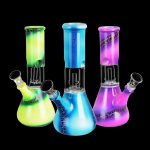 Colorful silicone water pipes (bongs) against a black background.