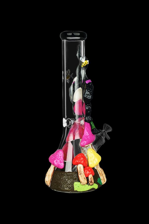 A vibrant, intricately decorated glass bong featuring cartoon characters and colorful mushrooms, set against a black background.