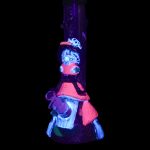 Glowing glass water pipe with a detailed, colorful sculptural design, illuminated against a black background.