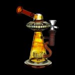 Ornate glass water pipe shaped like a UFO with amber and brown tones, isolated on a black background.