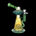 Green glass rig with UFO-shaped percolator.