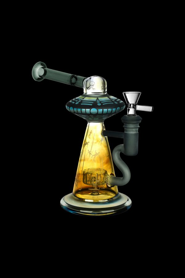 A colorful glass dab rig with a UFO-shaped perc, set against a black background.