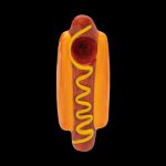 Glass pipe shaped like a hot dog with mustard swirls.