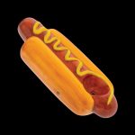 Glass pipe shaped like a hot dog with yellow “mustard” swirls.