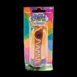 A packaged glass smoking pipe with a colorful, swirling design, labeled "Wacky Bowlz" and marked "Smoking Accessory 18+".