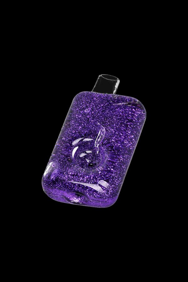 Purple glitter-encased glass bubbler with intricate glasswork.