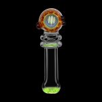 Glass cannabis pipe with colorful accents.