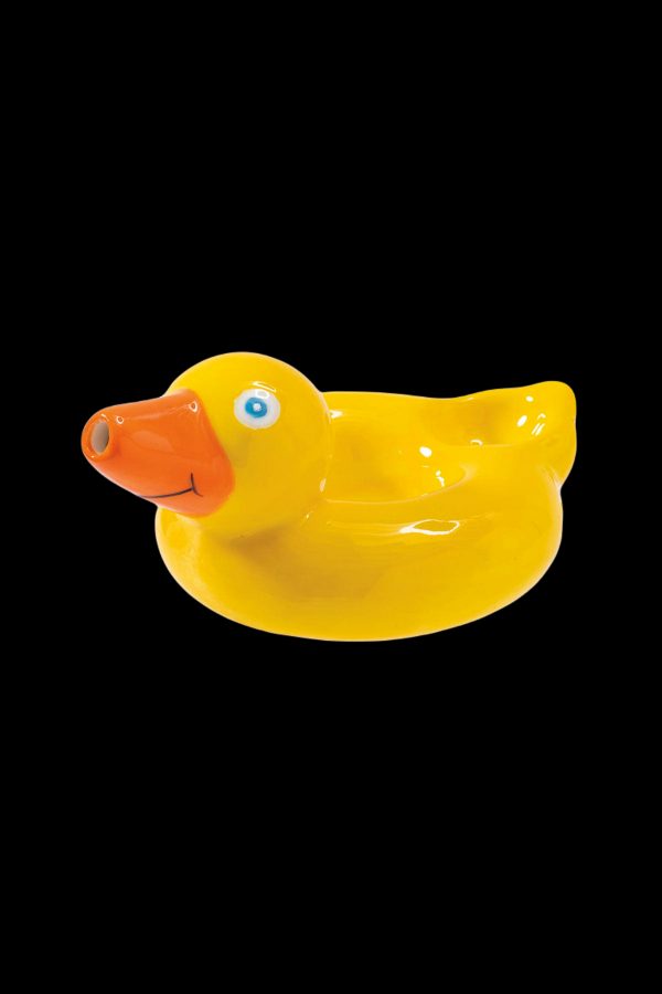 Rubber ducky with blue eyes, likely a novelty item for cannabis accessories."