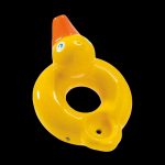 Yellow glass duck-shaped bubbler for smoking cannabis.