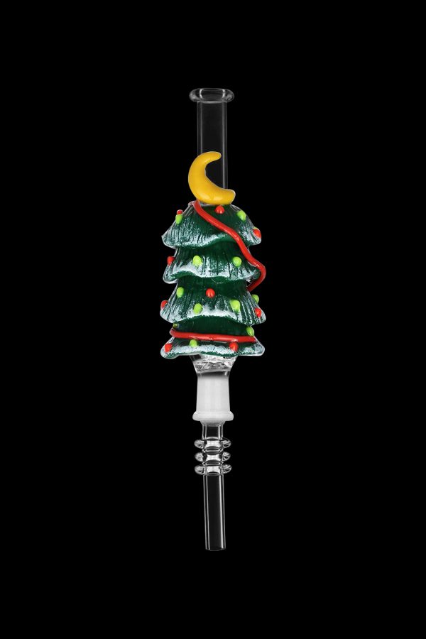 Glass cannabis pipe shaped like a decorated Christmas tree with a crescent moon topper.