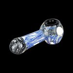 Blue and white glass smoking pipe on a black background.