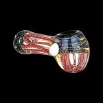 Hand pipe with red, white, and blue glass swirl design.