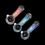 Three glass smoking pipes with colorful, swirled patterns against a black background.