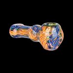 Hand-blown glass pipe with swirling orange, blue, and yellow patterns.