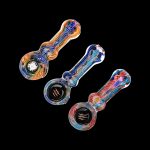 Three colorful glass smoking pipes against a black background.