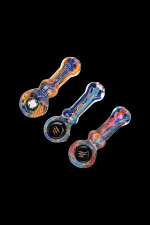 Three colorful glass smoking pipes against a black background.