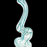 Glass water pipe with teal and white swirling patterns.