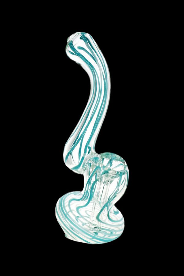 Glass water pipe with teal and white swirling patterns.