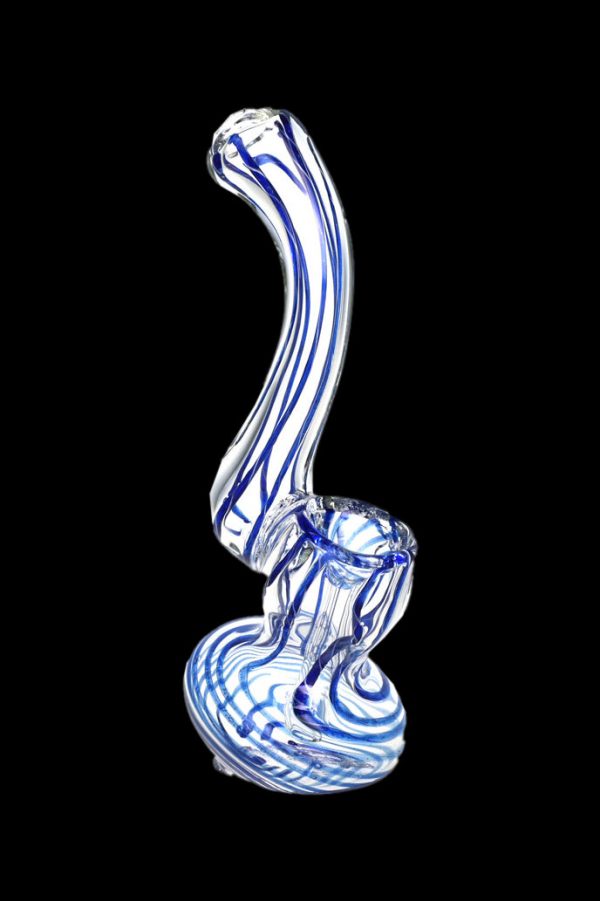 Blue and white glass bubbler pipe for smoking cannabis.