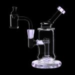 Clear glass rig with dual tree percolators and a quartz banger, isolated on a black background.