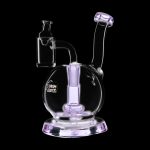 Purple glass dab rig with water filtration against a black background.