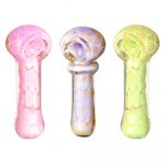 Three colorful glass smoking pipes with cracked or marbled patterns in pink, lavender, and lime green.