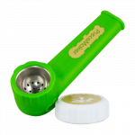 A side view of the PieceMaker "Karma" Silicone Pipe, showing the curved mouthpiece and textured green body.