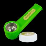 A side view of the PieceMaker "Karma" Silicone Pipe, showcasing its curved design and green hue against a dark backdrop.