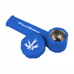 A close-up shows the “PieceMaker Karma” silicone pipe, featuring a rounded bowl and a compact, portable design.