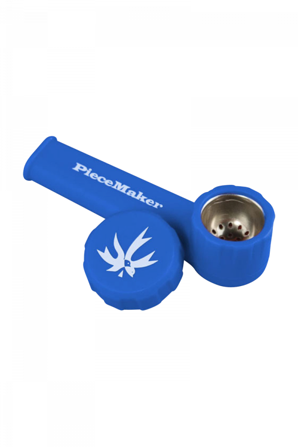 A close-up shows the “PieceMaker Karma” silicone pipe, featuring a rounded bowl and a compact, portable design.