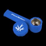 A close-up of the PieceMaker "Karma" Silicone Pipe, showcasing its curved design and dark coloration.