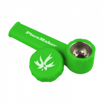 A close-up shows the PieceMaker "Karma" Silicone Pipe, featuring a curved bowl and textured grip.