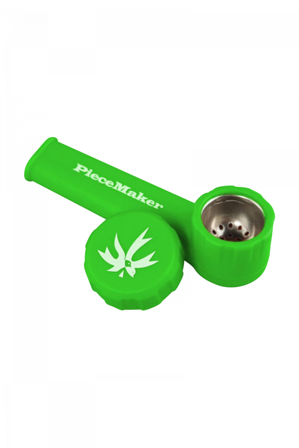 A close-up shows the PieceMaker "Karma" Silicone Pipe, featuring a curved bowl and textured grip.