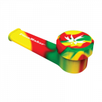 A close-up, angled view of the PieceMaker “Karma” silicone pipe, showcasing its curved design and smooth texture.