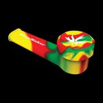 A close-up shot of the PieceMaker "Karma" silicone pipe, displaying its curved shape and colorful, patterned design.