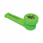 A vibrant, angled close-up of the PieceMaker "Karma" Silicone Pipe, showcasing its curved design and smooth, green texture.