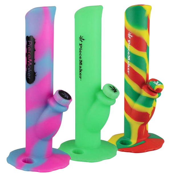 Front view of the PieceMaker Kermit Silicone Water Pipe, a vibrant green water pipe with a rounded base and textured mouthpiece.