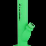 Green glass water pipe with branding.