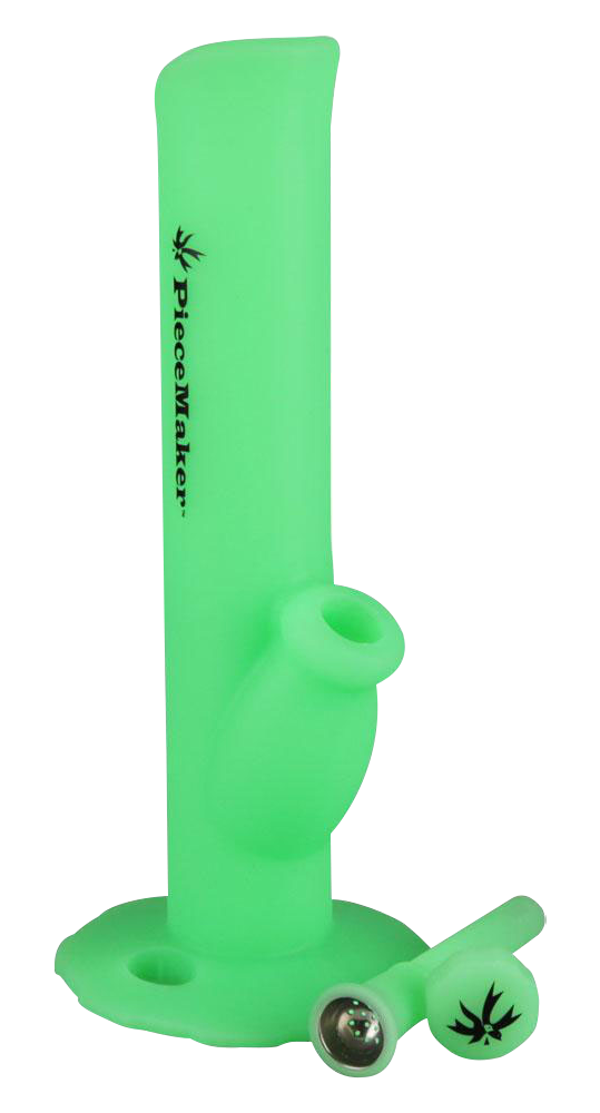 A front view of the PieceMaker Kermit Silicone Water Pipe, a vibrant green water pipe with a simple cylindrical shape.
