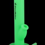 Neon green glass water pipe with cannabis leaf branding.
